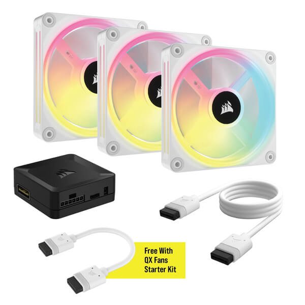 Corsair iCUE Link QX120 RGB White 120mm PWM Cabinet Fan Starter Kit with iCUE Link System Hub (Triple Pack)